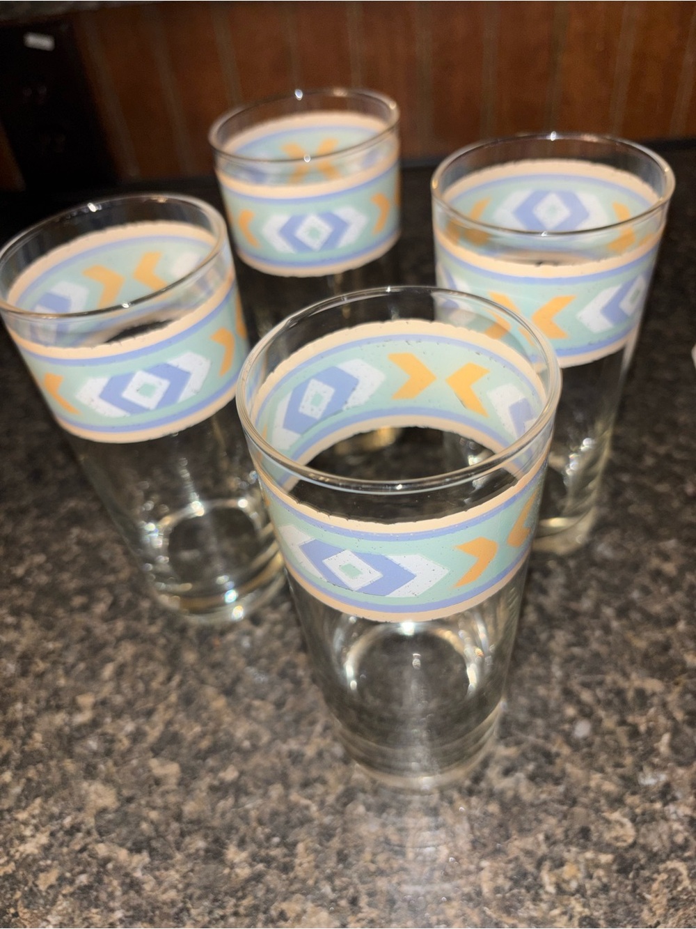 Set of 4 Vintage Tall Glasses with Pastel Geometric Band